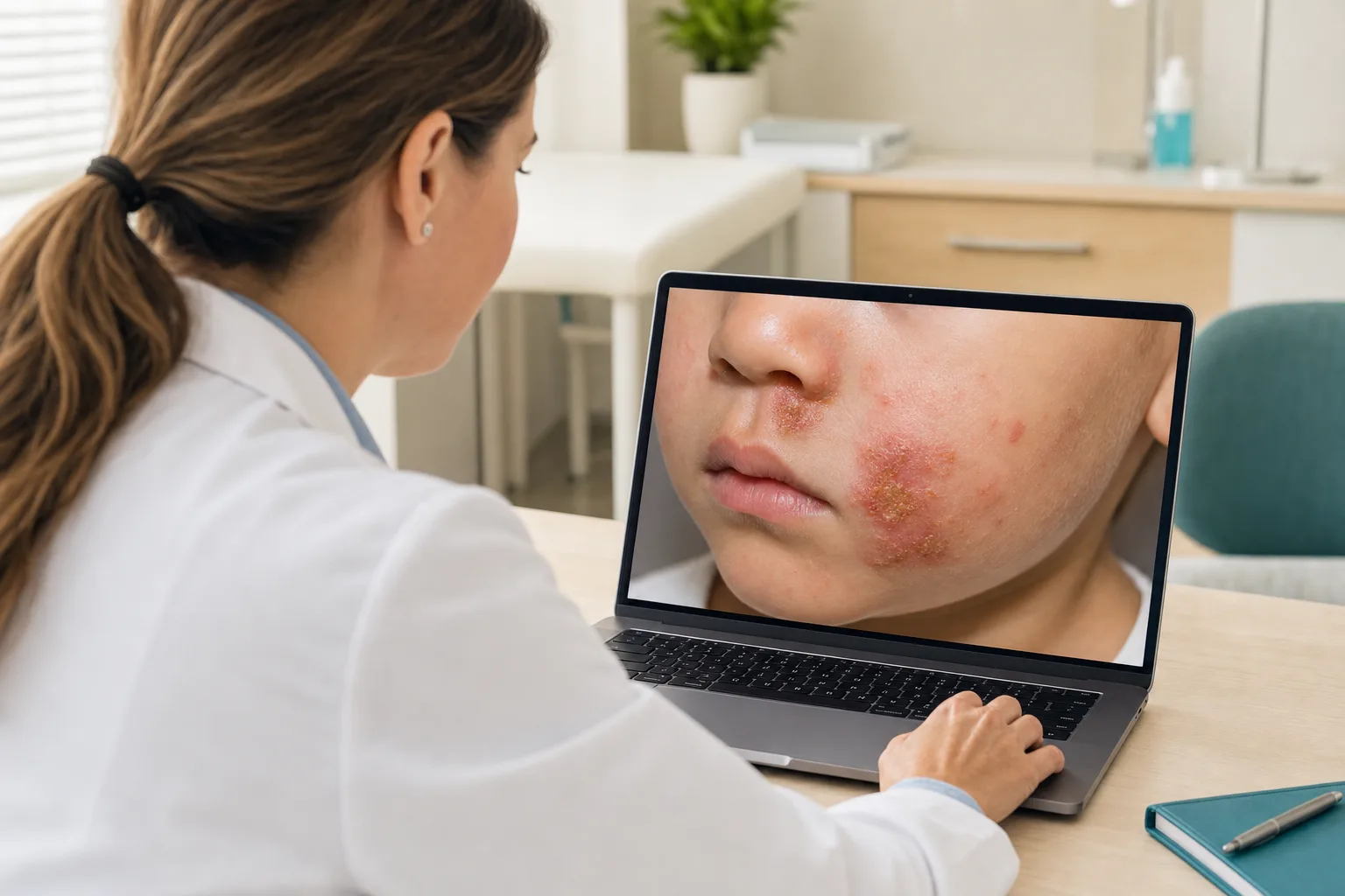 Dermatologue évaluant à distance un cas d'impétigo