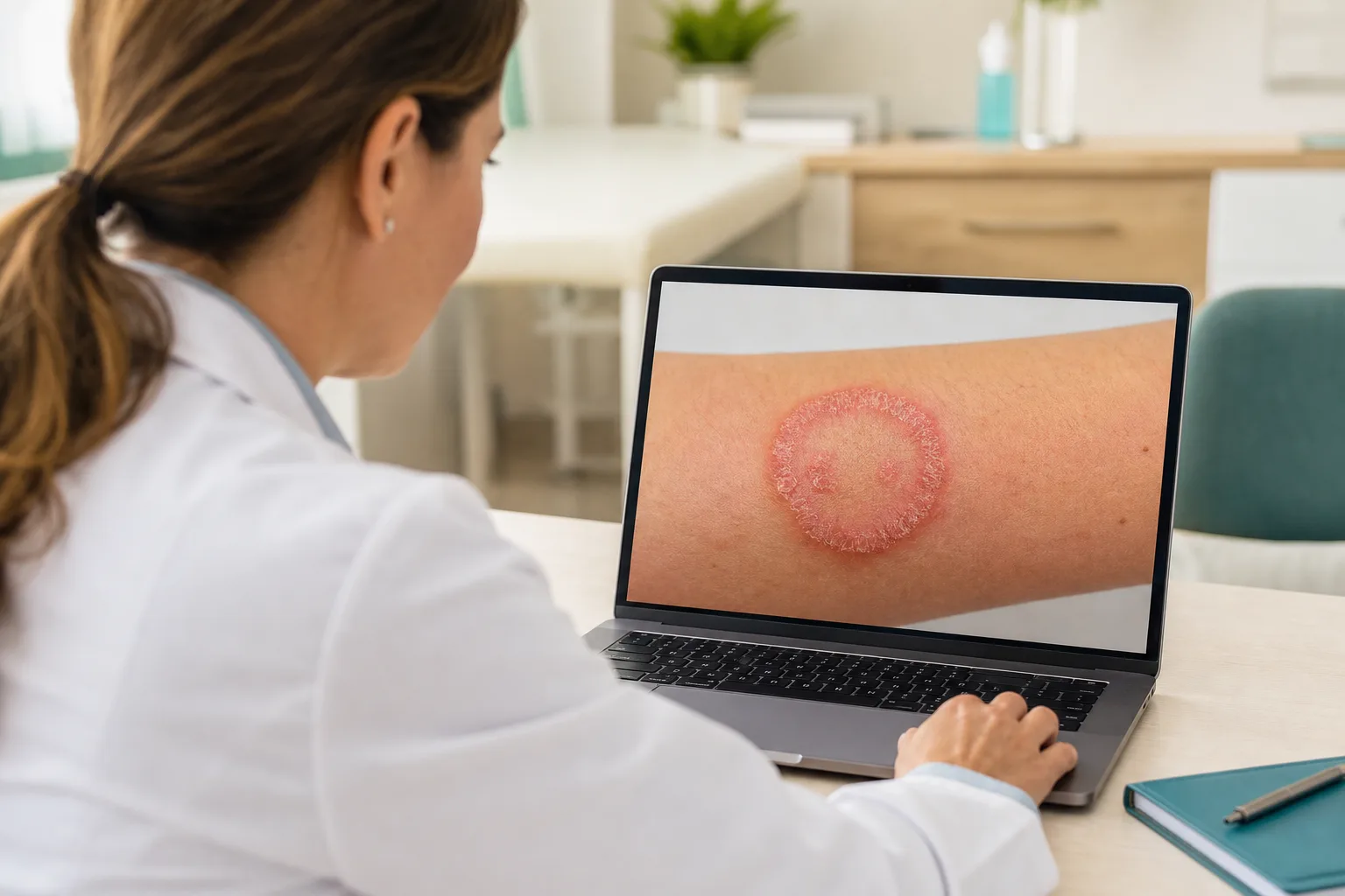 Dermatologist remotely assessing a fungal skin infection